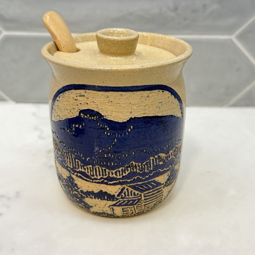 Sylvia Lawson NC Pottery Blue Sgrafitto Condiment Jar Lid Spoon Pilot Mountain